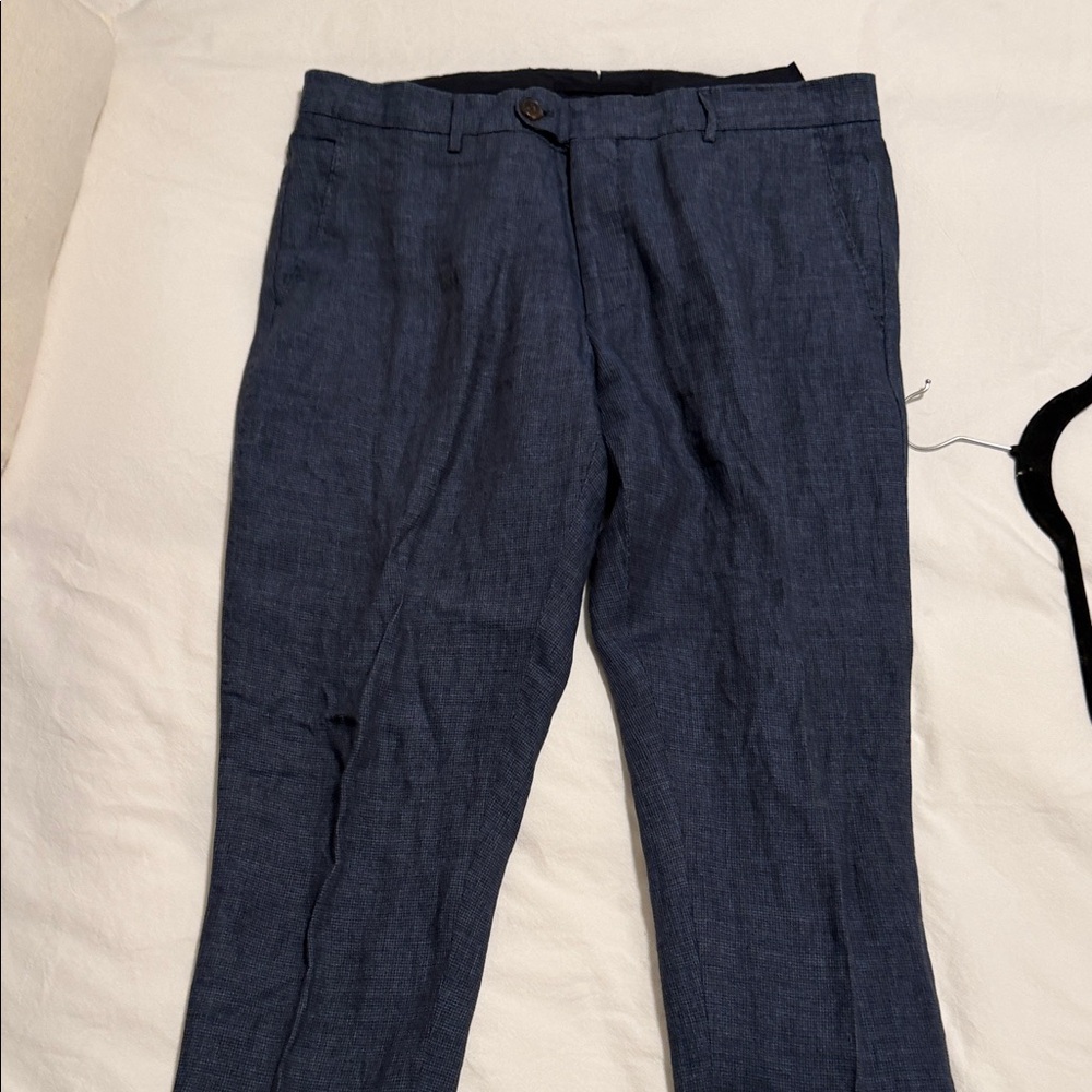 Massimo Dutti Blue Faded houndstooth linen suit trousers